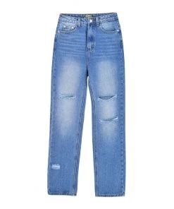 Trendy & Unique What's New Preppy Style Cut Out High Waist Frayed Straight Leg Jeans - Blue