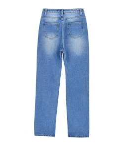 Trendy & Unique What's New Preppy Style Cut Out High Waist Frayed Straight Leg Jeans - Blue