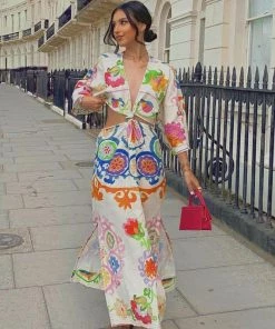 Trendy & Unique What's New Pretty Floral Printed Deep V High Slit Cut Out Midi Dress - White