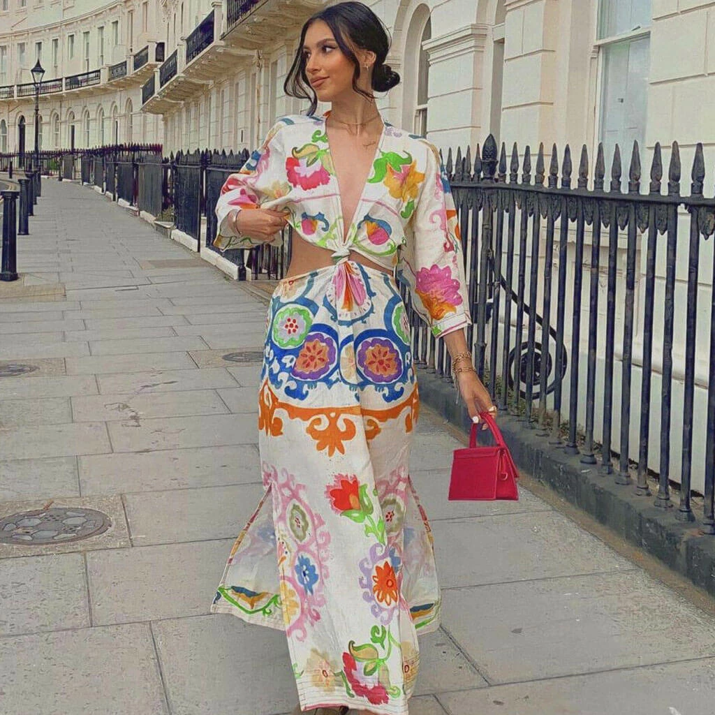 Trendy & Unique What's New Pretty Floral Printed Deep V High Slit Cut Out Midi Dress - White 3 Trendy & Unique What's New Pretty Floral Printed Deep V High Slit Cut Out Midi Dress - White