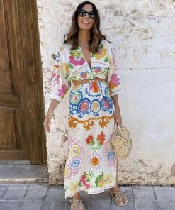 Trendy & Unique What's New Pretty Floral Printed Deep V High Slit Cut Out Midi Dress - White