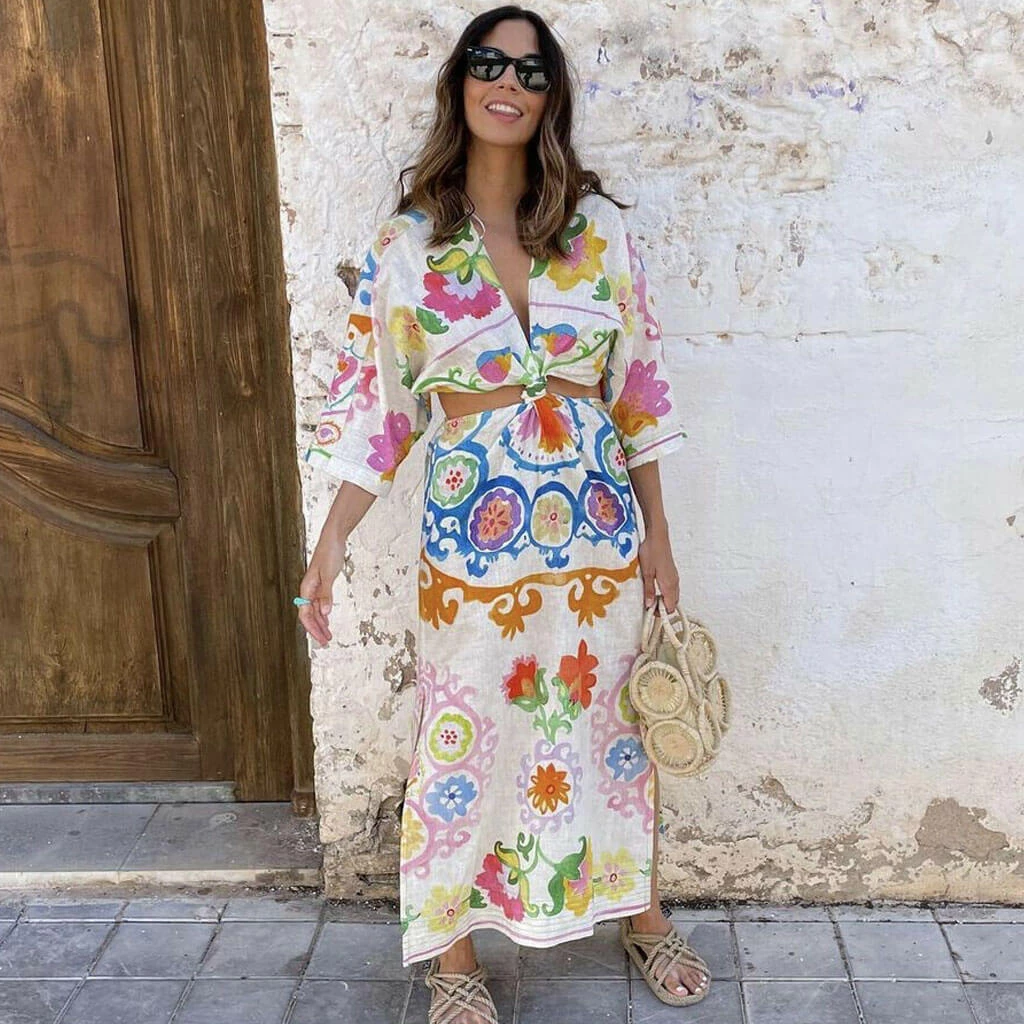 Trendy & Unique What's New Pretty Floral Printed Deep V High Slit Cut Out Midi Dress - White 4 Trendy & Unique What's New Pretty Floral Printed Deep V High Slit Cut Out Midi Dress - White