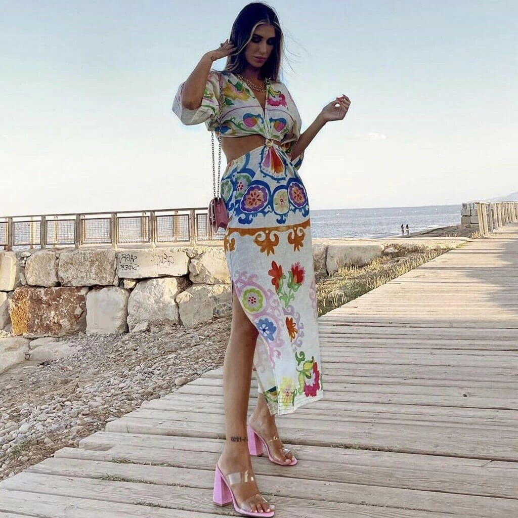 Trendy & Unique What's New Pretty Floral Printed Deep V High Slit Cut Out Midi Dress - White 5 Trendy & Unique What's New Pretty Floral Printed Deep V High Slit Cut Out Midi Dress - White