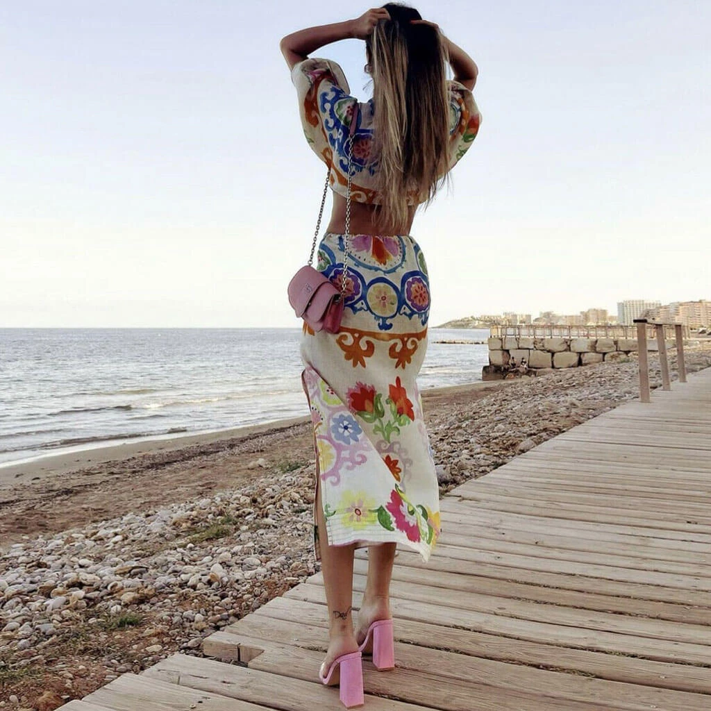 Trendy & Unique What's New Pretty Floral Printed Deep V High Slit Cut Out Midi Dress - White 6 Trendy & Unique What's New Pretty Floral Printed Deep V High Slit Cut Out Midi Dress - White