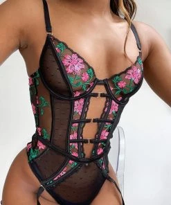 Trendy & Unique Pretty High Leg Cut Out Floral Embroidery Lace Teddy - Black What's New