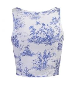 Trendy & Unique Pretty Painting Printed Scoop Neck Lace Up Crop Top - Blue What's New