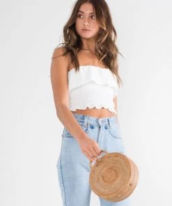 Trendy & Unique Pretty Ruffle Square Neck Tie Strap Crop Smocked Top - White