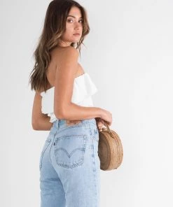 Trendy & Unique Pretty Ruffle Square Neck Tie Strap Crop Smocked Top - White