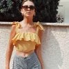 Trendy & Unique Pretty Ruffle Square Neck Tie Strap Crop Smocked Top - Yellow