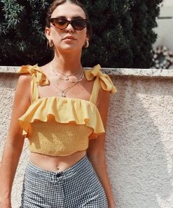 Trendy & Unique Pretty Ruffle Square Neck Tie Strap Crop Smocked Top - Yellow