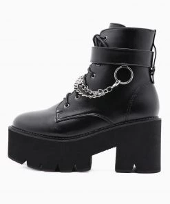 Trendy & Unique Punk Chain-Link Strap Lace Up Chunky Heel Platform Boots - Black