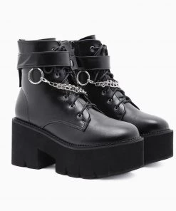 Trendy & Unique Punk Chain-Link Strap Lace Up Chunky Heel Platform Boots - Black