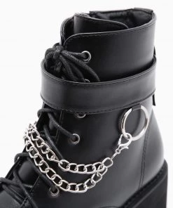 Trendy & Unique Punk Chain-Link Strap Lace Up Chunky Heel Platform Boots - Black
