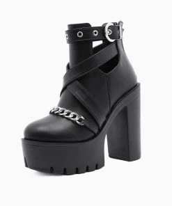 Trendy & Unique Punk Cutout Chain Trim Chunky Heel Platform Boots - Black What's New