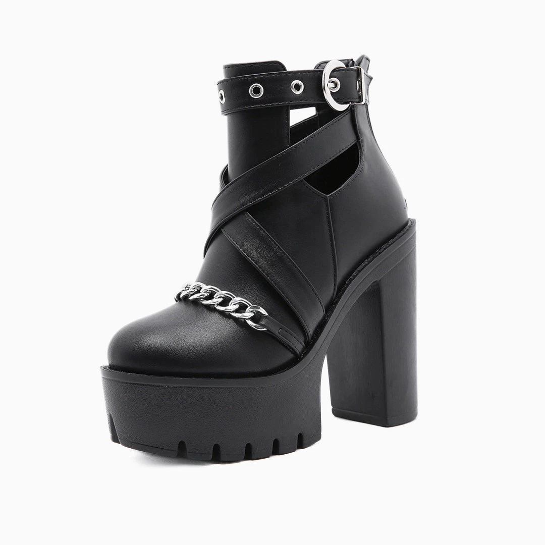 Trendy & Unique Punk Cutout Chain Trim Chunky Heel Platform Boots - Black What's New 3 Trendy & Unique Punk Cutout Chain Trim Chunky Heel Platform Boots - Black What's New
