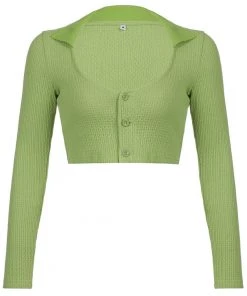 Trendy & Unique Refresh Collared V Neck Button Up Long Sleeve Crop Blouse - Green