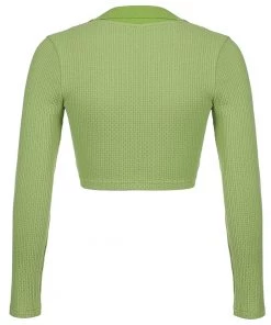 Trendy & Unique Refresh Collared V Neck Button Up Long Sleeve Crop Blouse - Green