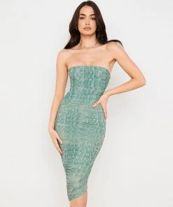 Trendy & Unique What's New Refresh Tie Dye Ruched Bodycon Mesh Cocktail Midi Dress - Green