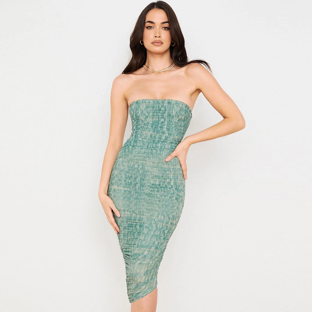 Trendy & Unique What's New Refresh Tie Dye Ruched Bodycon Mesh Cocktail Midi Dress - Green 3 Trendy & Unique What's New Refresh Tie Dye Ruched Bodycon Mesh Cocktail Midi Dress - Green