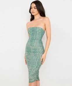 Trendy & Unique What's New Refresh Tie Dye Ruched Bodycon Mesh Cocktail Midi Dress - Green