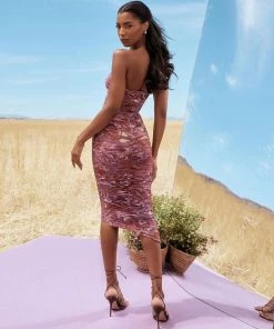 Trendy & Unique Refresh Tie Dye Ruched Bodycon Mesh Cocktail Midi Dress - Purple What's New