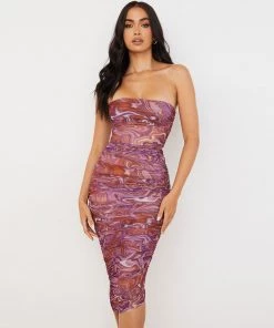 Trendy & Unique Refresh Tie Dye Ruched Bodycon Mesh Cocktail Midi Dress - Purple What's New