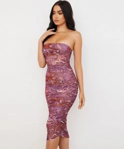 Trendy & Unique Refresh Tie Dye Ruched Bodycon Mesh Cocktail Midi Dress - Purple What's New