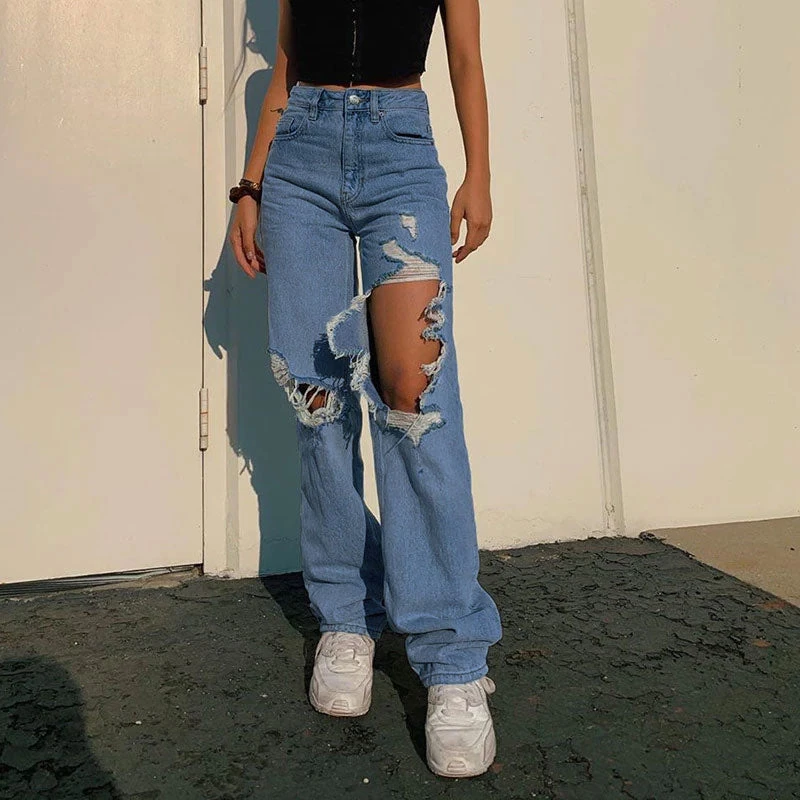 Trendy & Unique What's New Retro '90s Distressed Cutout High Waist Wide Leg Jeans - Blue 3 Trendy & Unique What's New Retro '90s Distressed Cutout High Waist Wide Leg Jeans - Blue