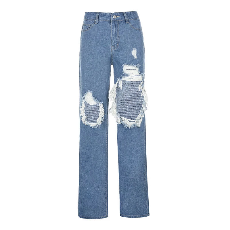 Trendy & Unique What's New Retro '90s Distressed Cutout High Waist Wide Leg Jeans - Blue 6 Trendy & Unique What's New Retro '90s Distressed Cutout High Waist Wide Leg Jeans - Blue