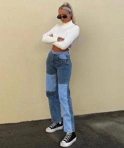 Trendy & Unique Retro '90s Patchwork Panel High Waist Straight Leg Jeans - Blue What's New