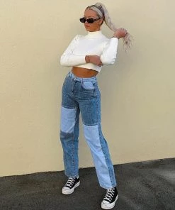 Trendy & Unique Retro '90s Patchwork Panel High Waist Straight Leg Jeans - Blue What's New