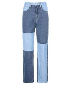 Trendy & Unique Retro '90s Patchwork Panel High Waist Straight Leg Jeans - Blue What's New