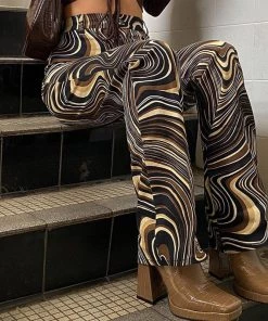 Trendy & Unique What's New Retro '90s Wave Printed High Waist Straight Leg Pants - Coffee