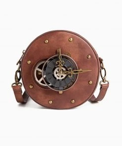 Trendy & Unique Time Fly Back Zip Top Clock Trim Round Crossbody Bag - Brown What's New
