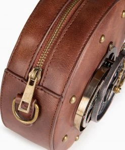 Trendy & Unique Time Fly Back Zip Top Clock Trim Round Crossbody Bag - Brown What's New
