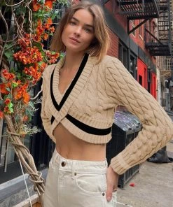 Trendy & Unique What's New Retro Contrast Collared Deep V Cable Knit Crop Sweater - Beige