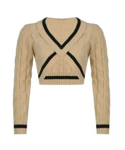 Trendy & Unique What's New Retro Contrast Collared Deep V Cable Knit Crop Sweater - Beige 8 Trendy & Unique What's New Retro Contrast Collared Deep V Cable Knit Crop Sweater - Beige