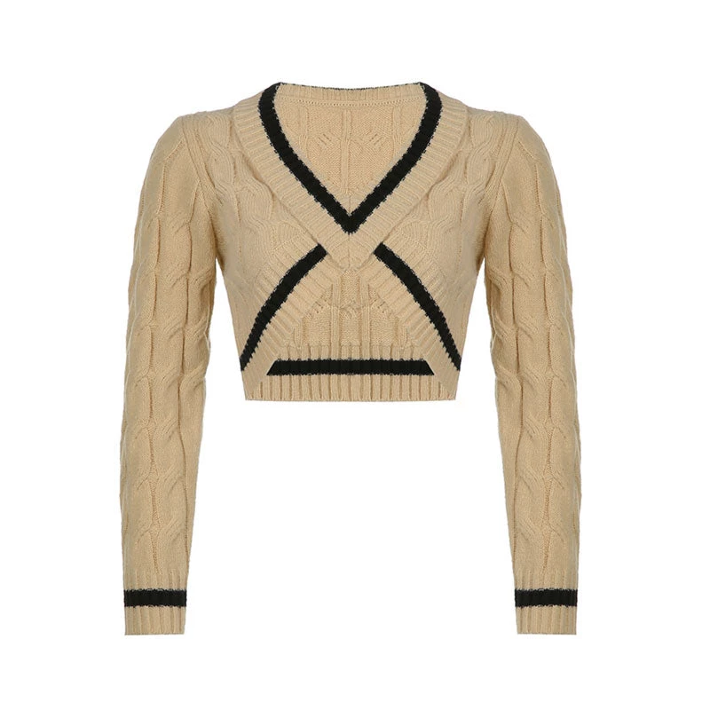 Trendy & Unique What's New Retro Contrast Collared Deep V Cable Knit Crop Sweater - Beige 5 Trendy & Unique What's New Retro Contrast Collared Deep V Cable Knit Crop Sweater - Beige