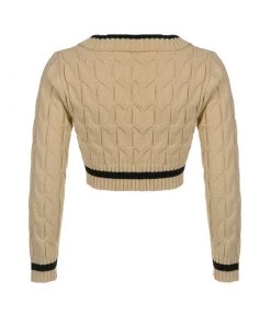 Trendy & Unique What's New Retro Contrast Collared Deep V Cable Knit Crop Sweater - Beige 9 Trendy & Unique What's New Retro Contrast Collared Deep V Cable Knit Crop Sweater - Beige