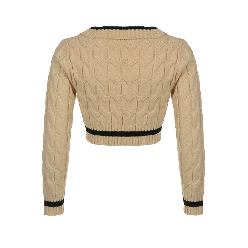 Trendy & Unique What's New Retro Contrast Collared Deep V Cable Knit Crop Sweater - Beige 6 Trendy & Unique What's New Retro Contrast Collared Deep V Cable Knit Crop Sweater - Beige