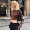 Trendy & Unique Retro Crew Neck Button Down Long Sleeve Crop Top - Chocolate 2 Trendy & Unique Retro Crew Neck Button Down Long Sleeve Crop Top - Chocolate