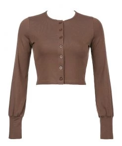 Trendy & Unique Retro Crew Neck Button Down Long Sleeve Crop Top - Chocolate