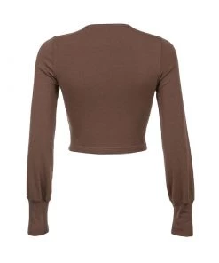 Trendy & Unique Retro Crew Neck Button Down Long Sleeve Crop Top - Chocolate