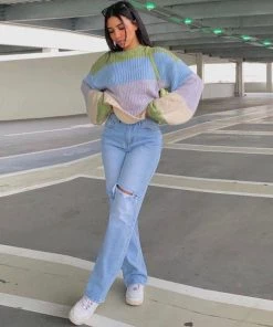 Trendy & Unique Retro Cut Out High Waist Frayed Straight Leg Jeans - Light Blue