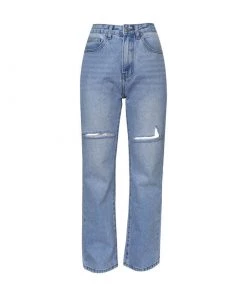 Trendy & Unique Retro Cut Out High Waist Frayed Straight Leg Jeans - Light Blue