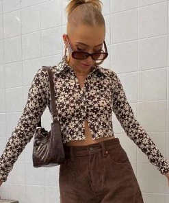 Trendy & Unique Retro Floral Printed Long Sleeve Button Down Crop Shirt - Coffee What's New