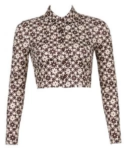 Trendy & Unique Retro Floral Printed Long Sleeve Button Down Crop Shirt - Coffee What's New