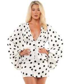 Trendy & Unique What's New Retro Polka Dot Deep V Neck Puff Sleeve Party Mini Dress - White