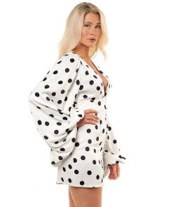 Trendy & Unique What's New Retro Polka Dot Deep V Neck Puff Sleeve Party Mini Dress - White 8 Trendy & Unique What's New Retro Polka Dot Deep V Neck Puff Sleeve Party Mini Dress - White