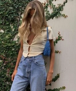 Trendy & Unique Retro Style Collared Short Sleeve Button Up Crop Top - Beige What's New
